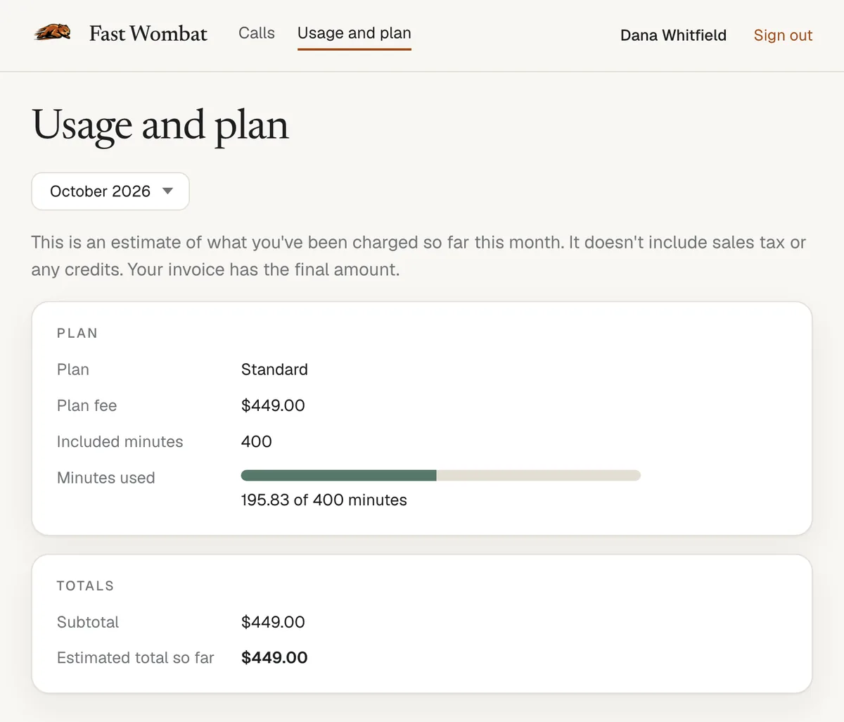 The Usage and plan page of the client portal for a sample company on Standard: a $449 plan fee, 400 included minutes, and a meter showing 195.83 of them used.